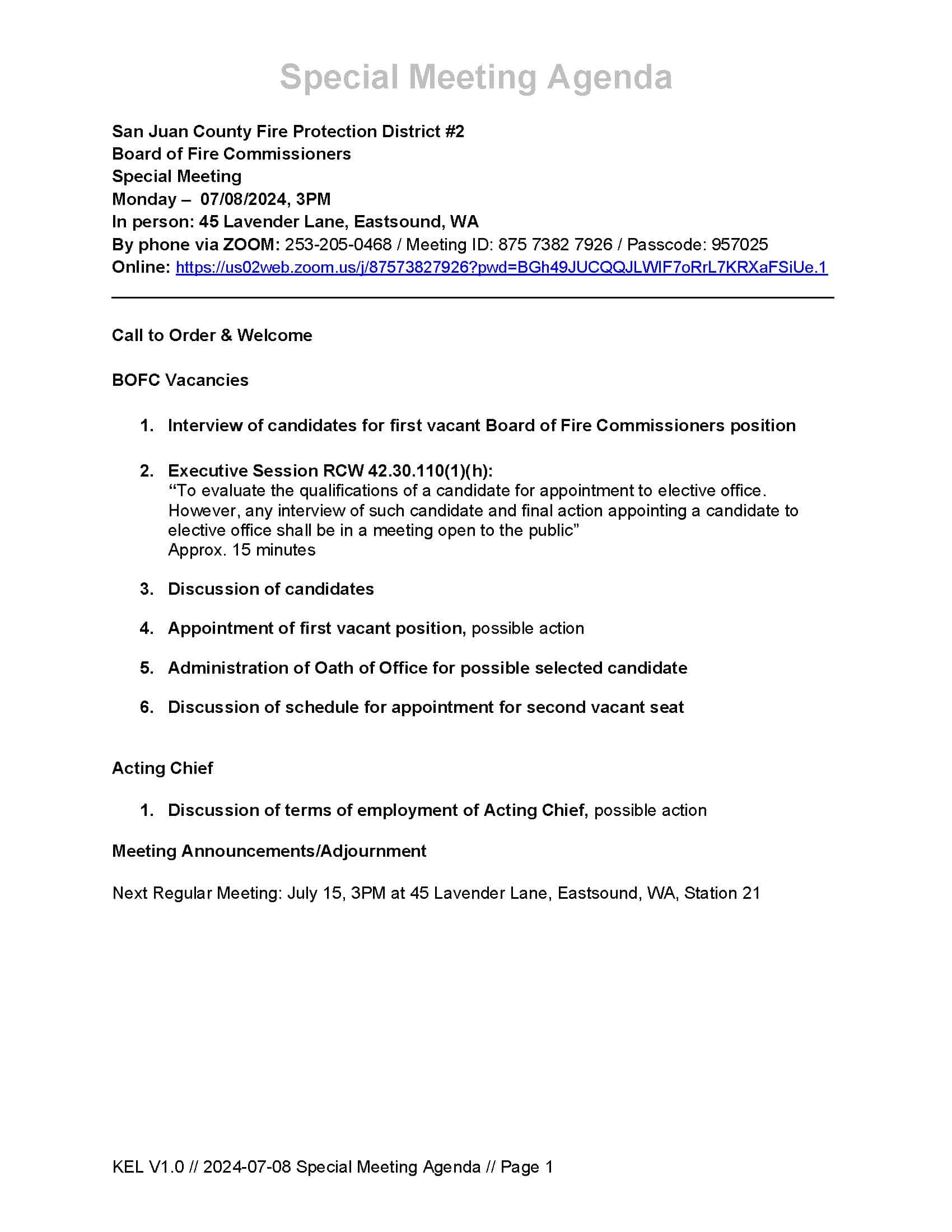 2024-07-08 Special Meeting Agenda